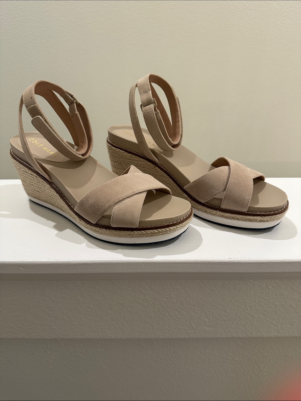Cole Haan Grand 360 Beige Espadrille Wedge Sandals with Ankle Strap